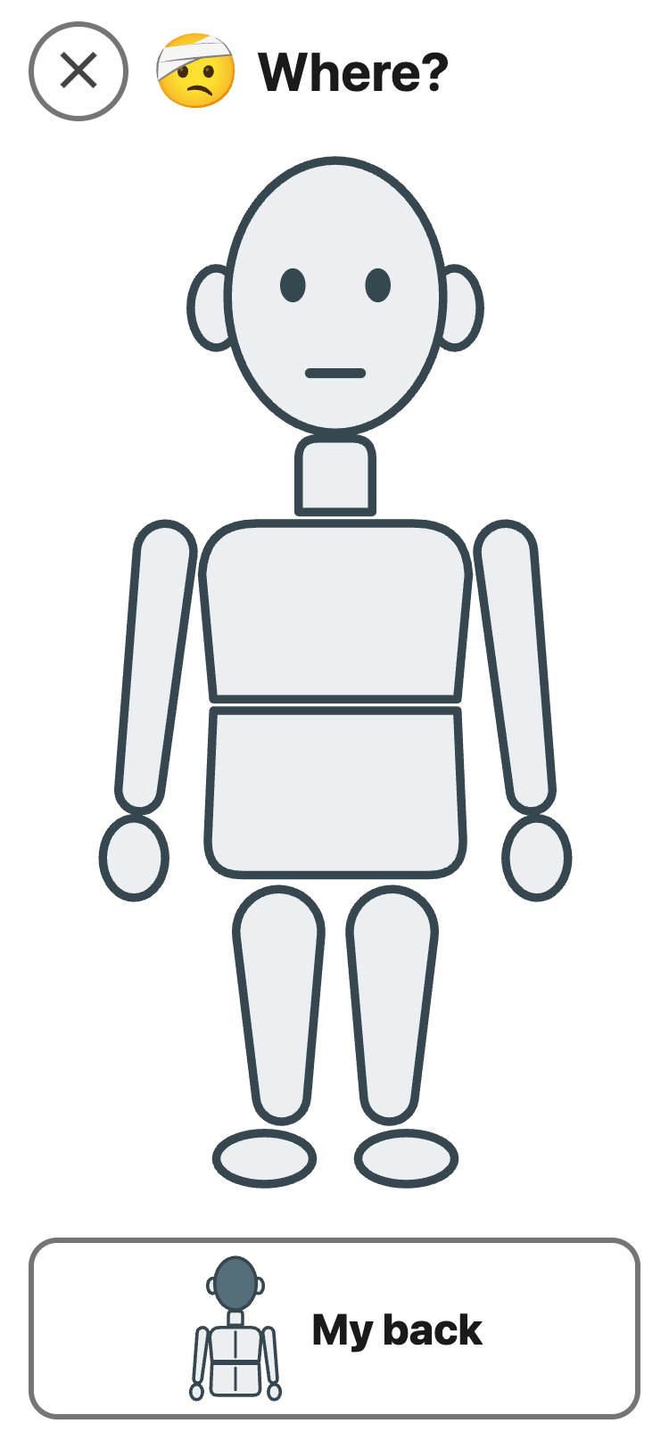 Hurts asks Where? A drawing of a body to tap, and a My back button under it.
