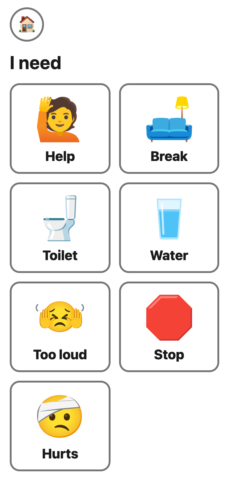 I need: seven big cards in two columns — Help, Break, Toilet, Water, Too loud, Stop and Hurts — each a picture with one or two words.