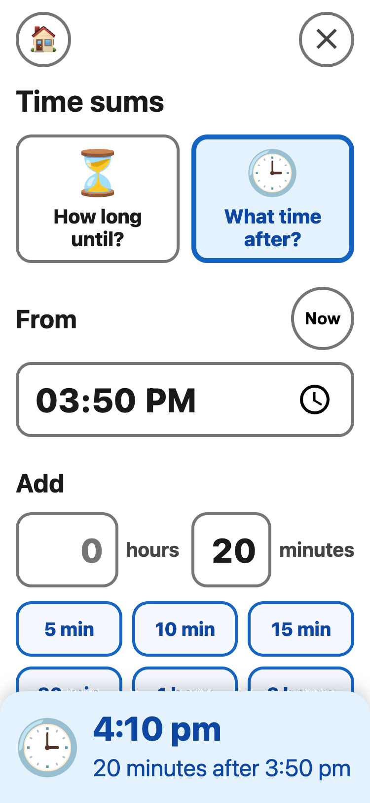 Time sums, What time after? chosen. From 3:50 PM, Add 20 minutes, with quick buttons 5 min, 10 min, 15 min and more. The answer: 4:10 pm, 20 minutes after 3:50 pm.