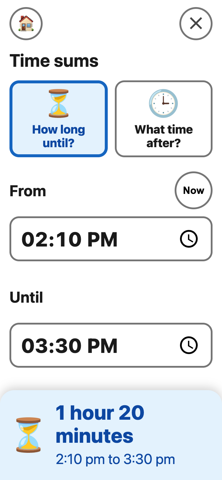 Time sums, How long until? chosen. From 2:10 PM, Until 3:30 PM. The answer at the bottom: 1 hour 20 minutes, 2:10 pm to 3:30 pm.