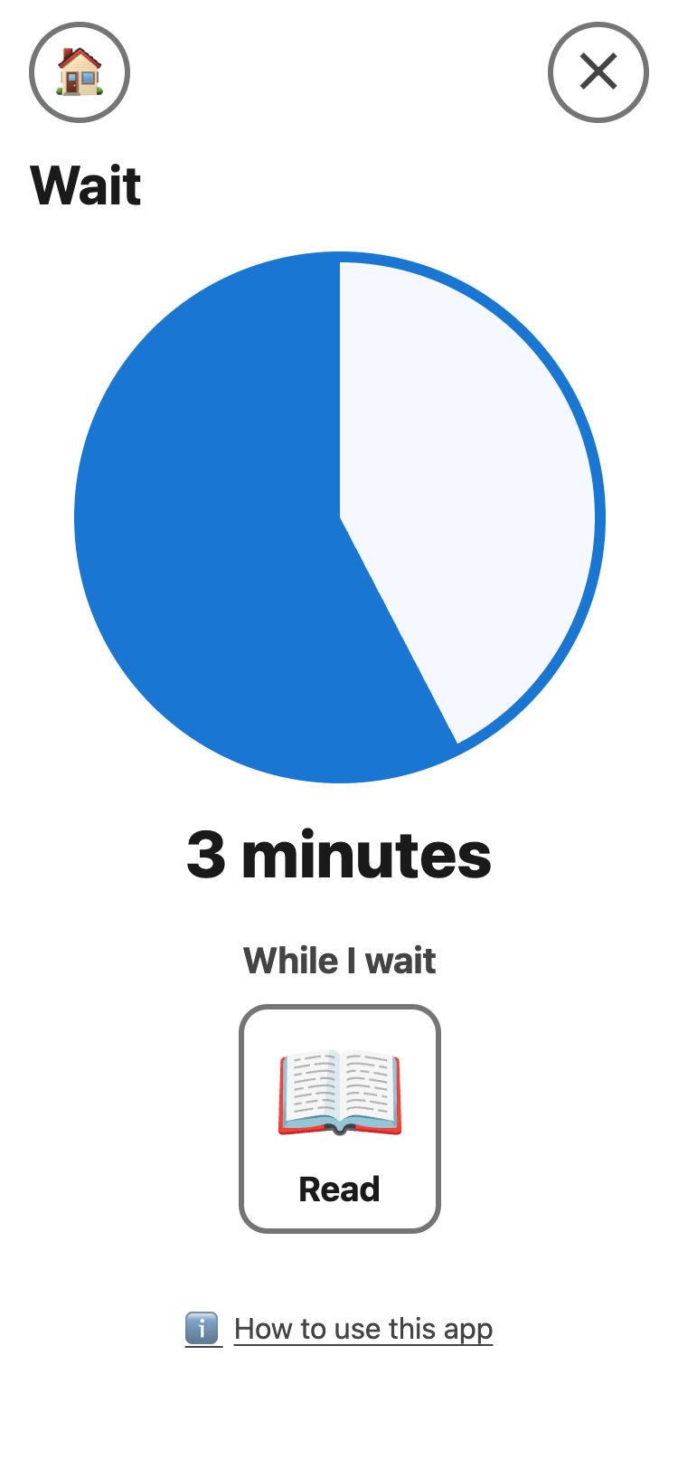 Wait running: a blue disc, a little over half of it blue, and under it the words 3 minutes and the Read picture.